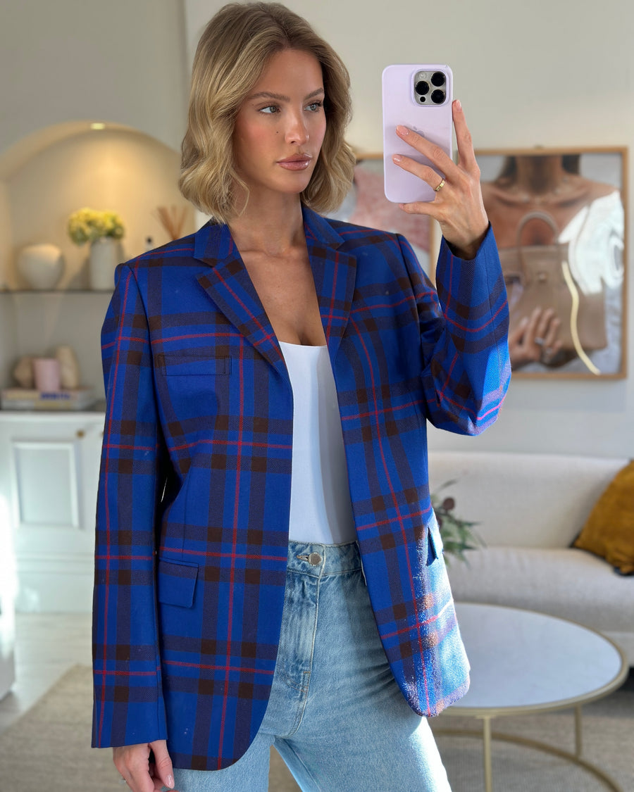Victoria Beckham Electric Blue and Red Wool Checkered Blazer Jacket IT 40 (UK 8)