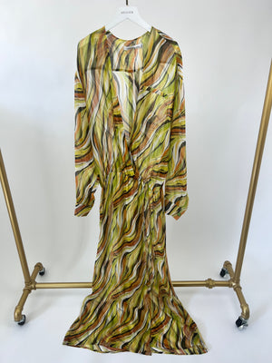 Christopher Esber Green, Brown Orange Sheer Printed Silk Shirt Dress Size UK 10