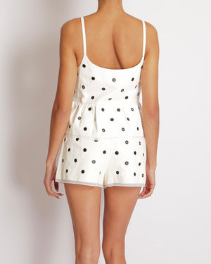Chanel 23S White and Black Lambskin Leather Polka Dot Sleeveless Top with Lace Trims and Crystal Embellished Pearl CC Logo Buttons Size FR 34 (UK 6)
