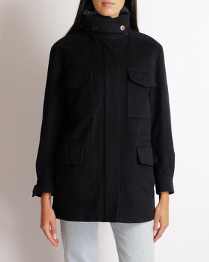 Loro Piana Navy Cashmere Coat with Nutria Fur Lined Collar and Detachable Hood Size XS (UK 6) RRP £4,885