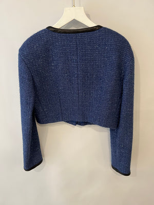 Chanel Cruise 2019 Blue Tweed Cropped Jacket and Trousers Set with CC Logo Buttons and Black Leather Trims Size FR 36/38 (UK 8/10)