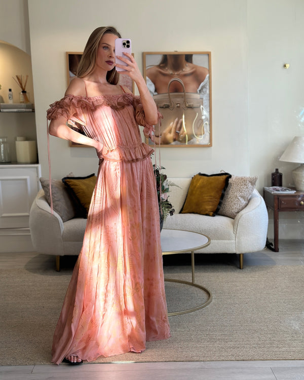 Valentino Pink Off The Shoulder Maxi Dress with Gold Print Detail Size IT 42 (UK 10)