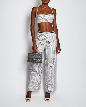 Hermès Black and White Silk Eperon d'Or Point Sellier Cropped Bustier Top and High Waisted Wide Leg Pajama Trousers Set Size FR 34/36 (UK 6/8)