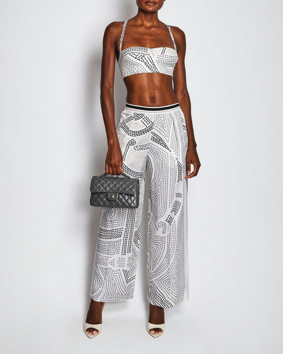 Hermès Black and White Silk Eperon d'Or Point Sellier Cropped Bustier Top and High Waisted Wide Leg Pajama Trousers Set Size FR 34/36 (UK 6/8)