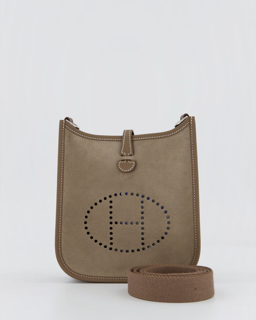 Hermès Mini Evelyne Sellier Bag in Gris Caillou Grizzly Suede and Etoupe Clemence Leather with Palladium Hardware