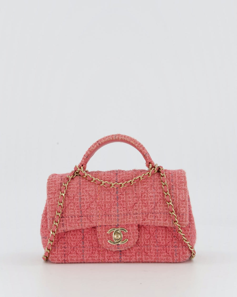 Chanel Pink Tweed Mini Rectangular Top Handle Flap Bag with Champagne Hardware