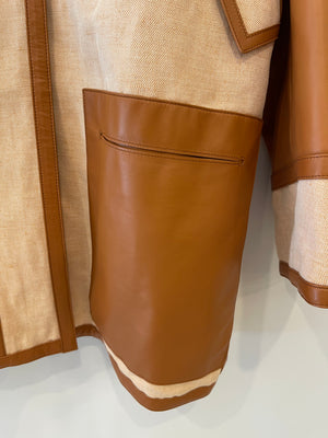 *RUNWAY* Hermès SS 2022 Beige, Brown Leather and Linen Coat with Palladium Details Size FR 36 (UK 8) RRP £10,200