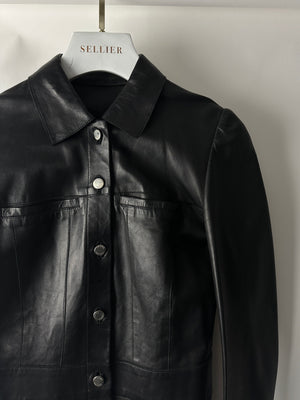 Prada Vintage Black Leather Shirt Jacket with Silver Button Detail IT 38 (UK 6)