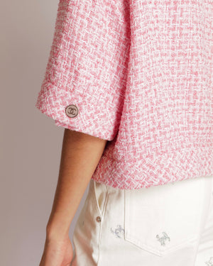 Chanel Pink Tweed Cropped Jacket with Pink Mother of Pearl and Silver CC Logo Buttons and Camellia Brooch Size FR 46 (UK 18)