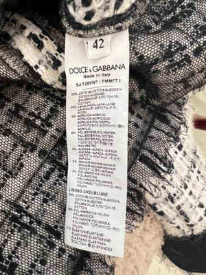 Dolce & Gabbana Black and White Tweed Jacket with Fringe Trim and Silver Crown Buttons Size IT 42 (UK 10)