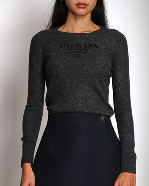 Prada Grey Wool Crew Neck Jumper With Prada Logo Size IT 42 (UK 10) RRP £1,240