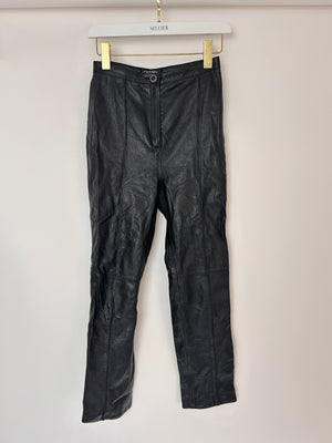 Chanel Black Skinny Pleated Leather Trousers with CC Weaved Button Detail Size UK 4-6