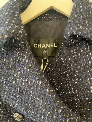 *HOT* Chanel 2025 Métiers d'Art Runway Navy Tweed Cropped Jacket with Crystal Embellished Button Details Size FR 34 (UK 6) RRP £6,250