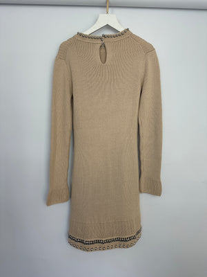 Paco Rabanne Beige Knitted Long Sleeve Dress with Silver Studs Detail Size M (UK 8-10)