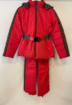 Fendi Red and Brown Reversible Jacket and Trousers Ski Set with Monogram Details Size IT 38 (UK 6)