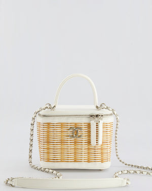 *RARE* Chanel White Small Take Away Vanity Top Handle Bag in White and Beige Wicker with Silver Hardware