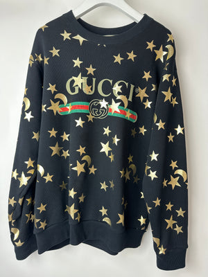 Gucci Black Sweatshirt with Gold Star Print GG Logo Size S (UK 8)