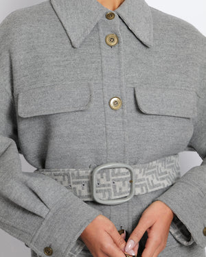 Fendi Grey Wool Belted Coat with FF Logo Lining Gold Logo Buttons Size IT 42 (UK 10) RRP £3,600