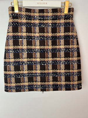 Gucci Brown Wool Houndstooth Mini Skirt with Metallic Thread Detail Size IT 38 (UK 6)