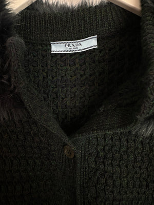 Prada Green Wool Cashmere Blend Knit Cardigan with Faux Fur Collar Size IT 42 (UK 10 )