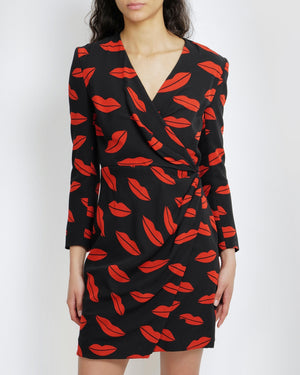 Saint Laurent Spring 2014 Black Silk and Red Lip Printed Mini Wrap Dress with Sequin Buttons Size FR 40 (UK 12)