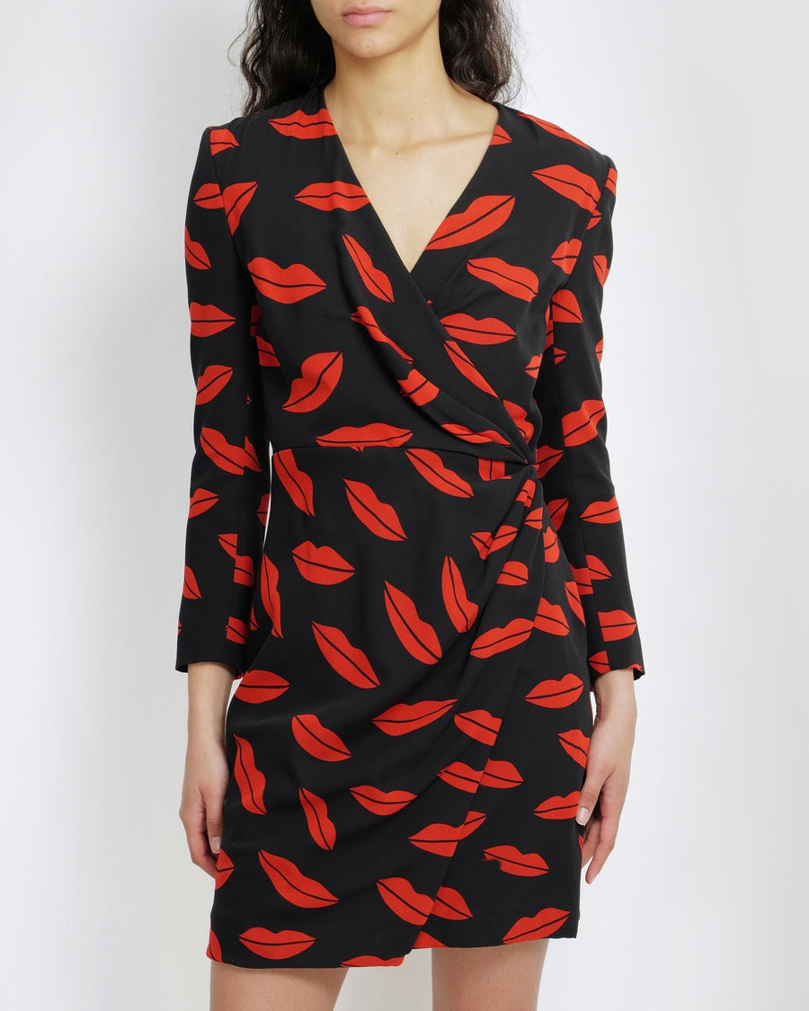 Saint Laurent Spring 2014 Black Silk and Red Lip Printed Mini Wrap Dress with Sequin Buttons Size FR 40 (UK 12)