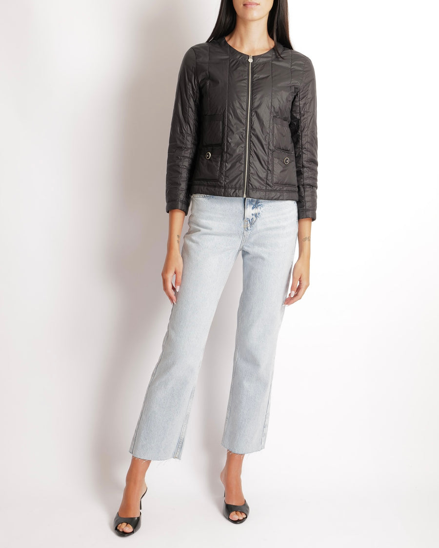 Chanel Black Windbreaker Jacket with Silver Zipper and Black and Silver CC Logo Buttons Size FR 36 (UK 8)