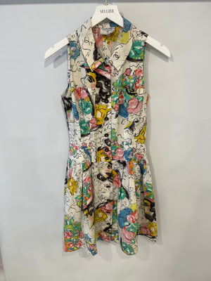 Chanel Spring 1995 White Floral Printed Sleeveless Button-Down Mini Dress with CC Logo Buttons and Collared Neckline Detail Size FR 38 (UK 10)