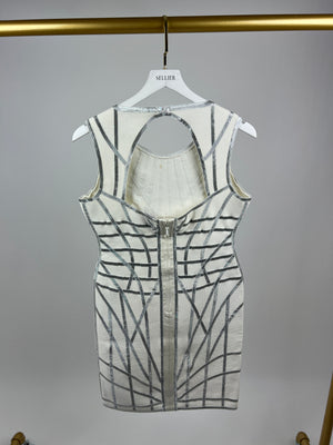 Herve Leger White and Silver Bandage Dress with Back Cut-out Detail Size L (UK 12 - 14)