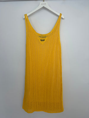 Prada Yellow Crochet Knitted Mini Dress with White Slip Size IT 38 (UK 6)