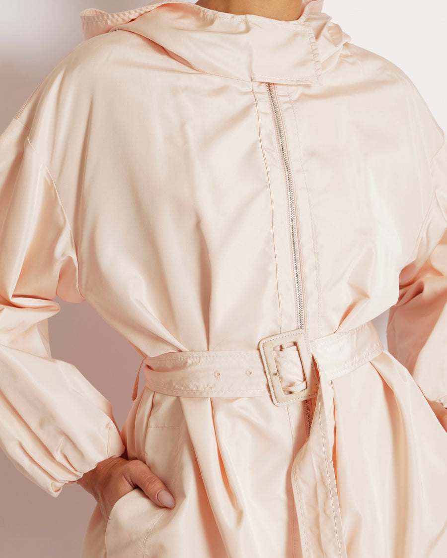 Christian Dior Blush Pink Belted Raincoat with Hood and Silver Zipper Detail Size FR 38 (UK 10)
