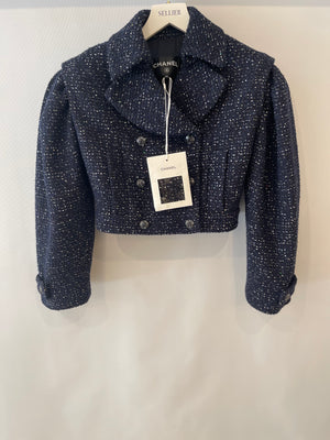 *HOT* Chanel 2025 Métiers d'Art Runway Navy Tweed Cropped Jacket with Crystal Embellished Button Details Size FR 34 (UK 6) RRP £6,250