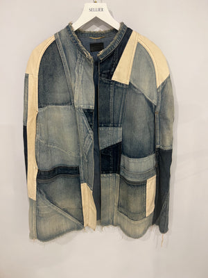 Saint Laurent Blue Denim Patchwork Sleeveless Jacket with Frayed Hem Detail Size XS (UK 6)