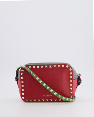 Valentino Red and Grey Leather Rockstud Crossbody Camera Bag with Gold Hardware