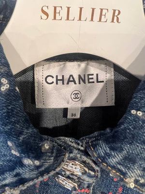 Chanel Métiers d'Art 2023 Denim Jacket with Pink and Silver Micro Sequin Details and Silver CC Logo Buttons Size FR 36 (UK 8)
