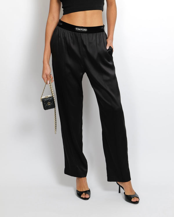 Tom Ford Black Satin Trousers with Velours Waistband and White Logo Detail Size M (UK 10) RRP £695