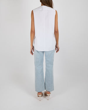 Christian Dior White Poplin Sleeveless Blouse with Plastron and Black Embroidered Logo Detail Size FR 36 (UK 8) RRP £880