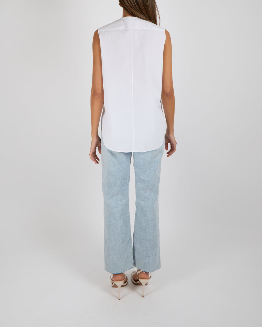 Christian Dior White Poplin Sleeveless Blouse with Plastron and Black Embroidered Logo Detail Size FR 36 (UK 8) RRP £880