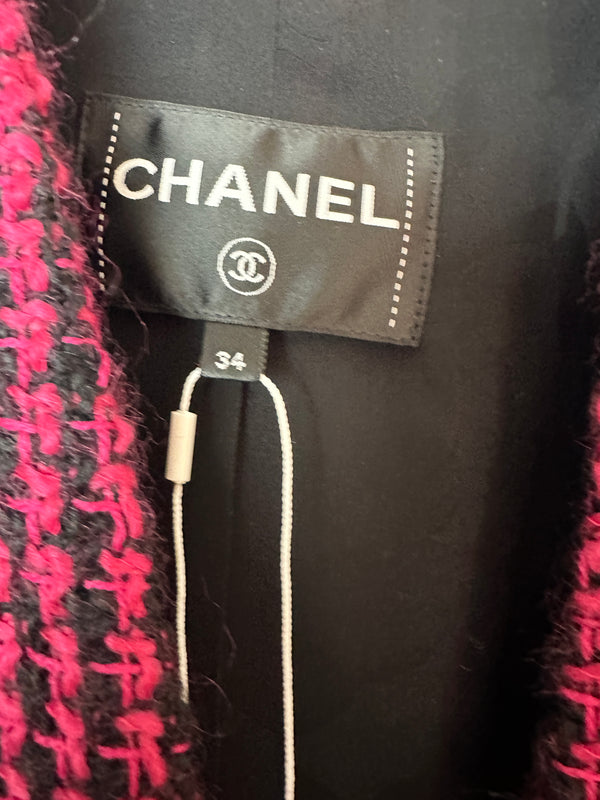 Chanel Black and Pink Tweed Cropped Collarless Jacket with Camellia Buttons and Brooch Detail Size FR 34 (UK 6)