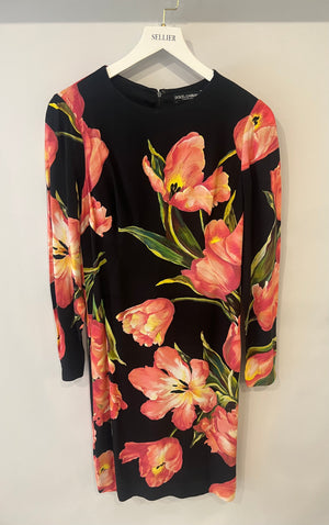 Dolce & Gabbana Black Long-Sleeved Midi Dress with Pink Floral Prints Size IT 44 (UK 12)