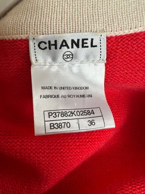 Chanel 10P Red Knitted Long Sleeve Cardigan with Pearls & Cream Braided Trim Details FR 36 (UK 8)