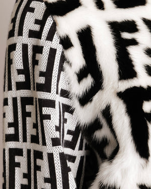 Fendi Black and White Logo Print Jacket with Mink Fur Front Insert and Black Logo Buttons Size IT 42 (UK 10) RRP £6,500