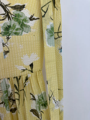Erdem SS25 Yellow, White & Green Floral Midi Dress with Bustier Top & Tie Up Bow Strap Details Size UK 6 (FR 34)