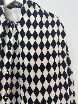 Balmain Black and White Lavalliere Diamond Print Silk Shirt with Puff Sleeves and Pussy Bow Detail Size FR 34 (UK 6) RRP £1490