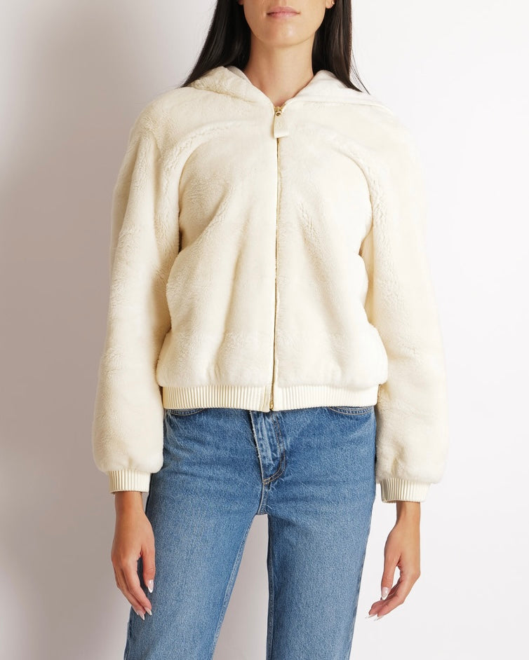 Hermès Cream Cashmere and Shearling Zip Up Hooded Jacket with Leather Cuff and Waistband Details Size FR 36 (UK 8) RRP £13,750