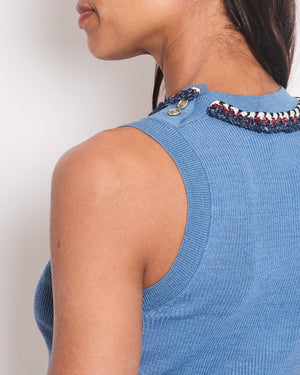 Chanel Blue Ribbed Knit Sleeveless Top With Red, White & Blue Tweed Embroidered Trim and CC Button Detail FR 36 (UK 8)