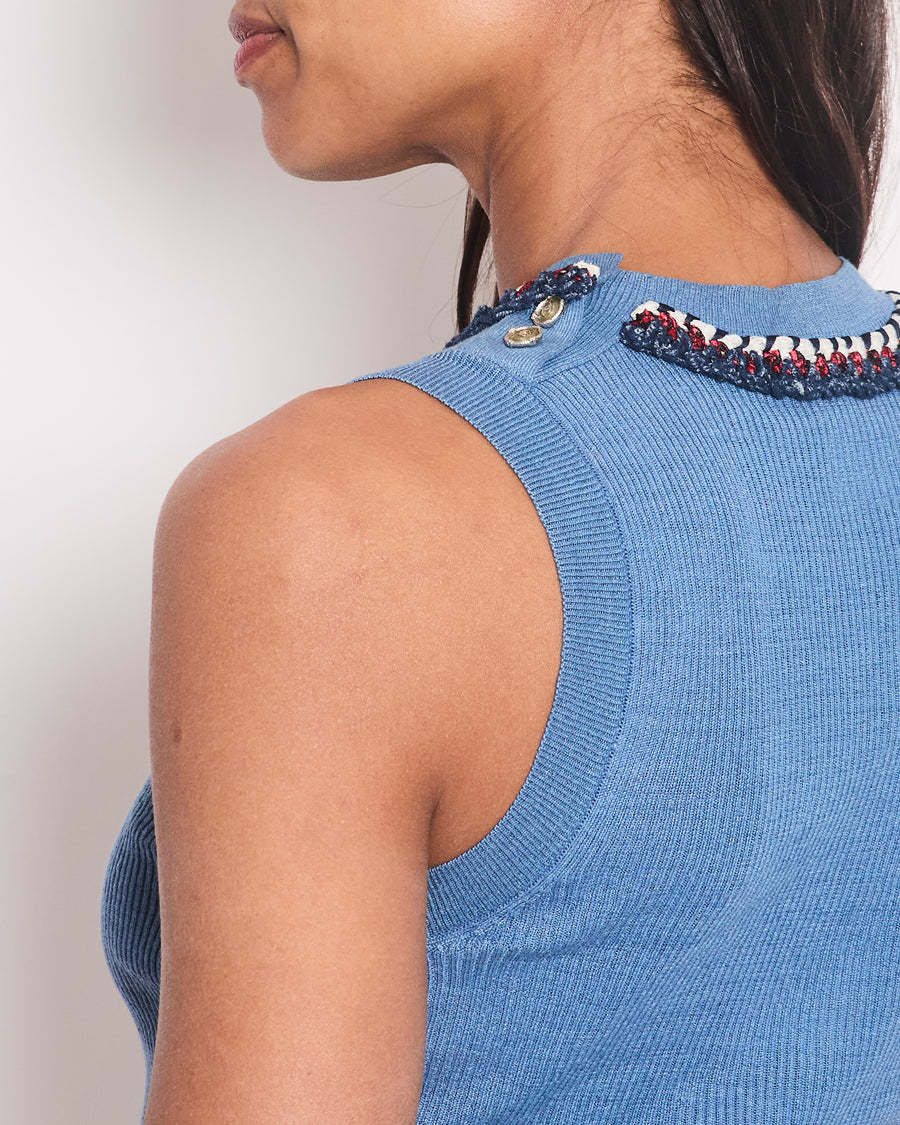 Chanel Blue Ribbed Knit Sleeveless Top With Red, White & Blue Tweed Embroidered Trim and CC Button Detail FR 36 (UK 8)