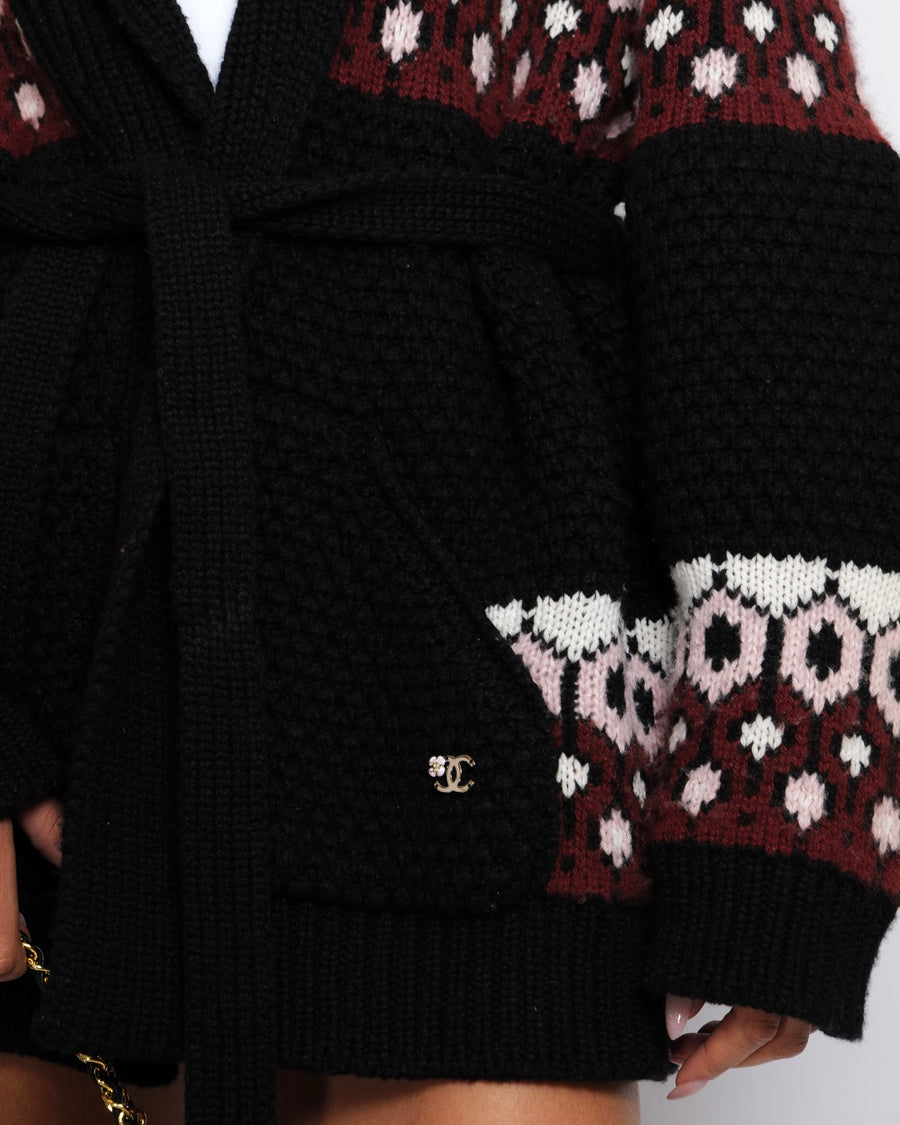 Chanel Black Cashmere Knit Belted Cardigan with Red, White, and Pink Pattern with CC Logo Detail Size FR 38 (UK 10)