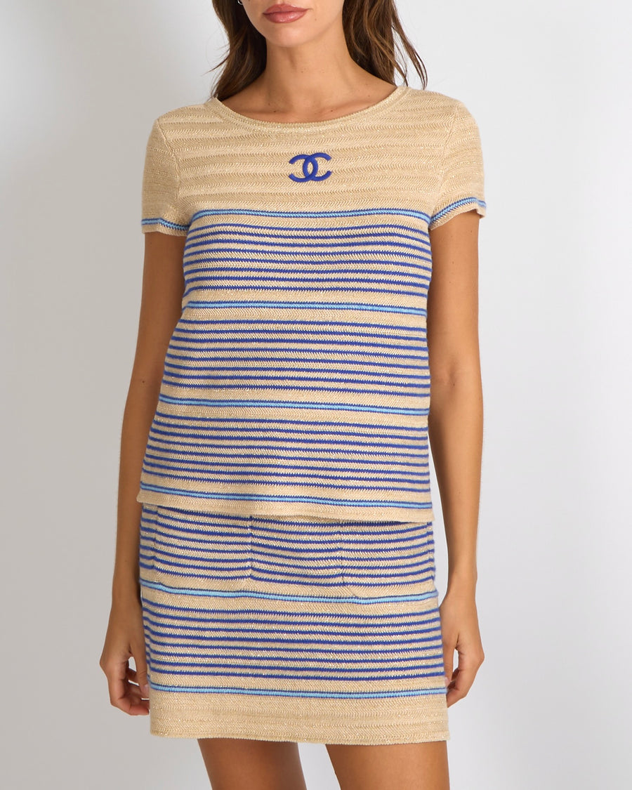 Chanel Cruise 2019 Beige, Gold and Blue Striped Linen Mini Skirt and Top Set with CC Logo and CC Logo Gold Buttons Size FR 36/38 (UK 8/10)