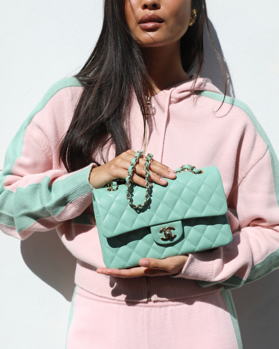 *SUPER HOT* Chanel 21P Mint Green Classic Small Double Flap Bag in Caviar Leather with Champagne Gold Hardware